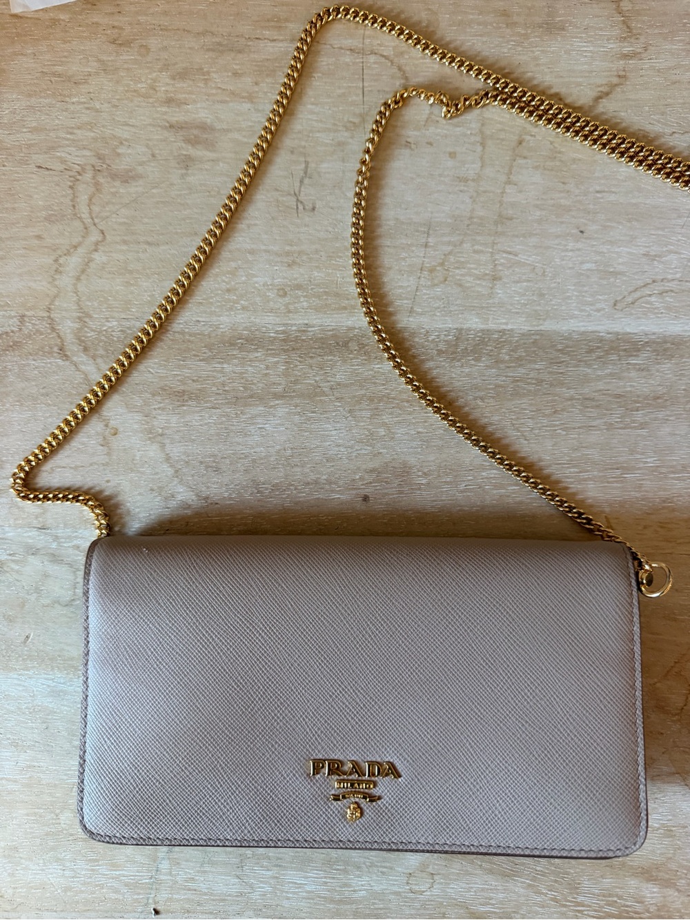 Prada Beige Saffiano Crossbody Bag with Gold Chain